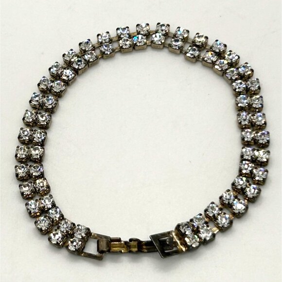 Vintage 2 Strand Rhinestone Bracelet With Fold Over Clasp - Picture 5 of 12